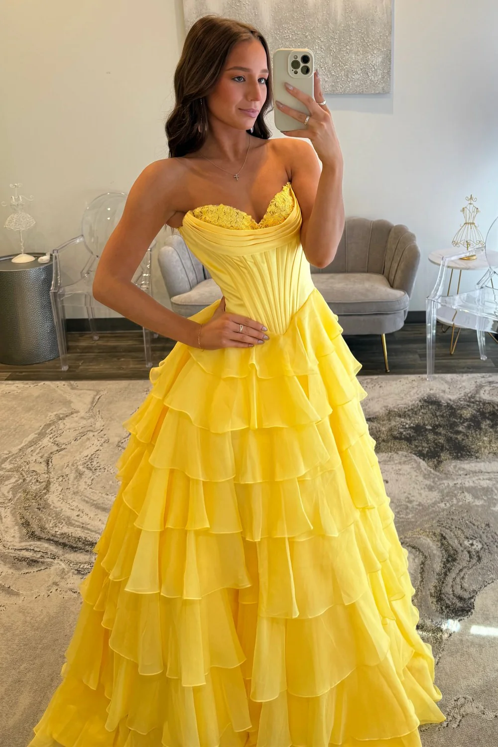 Romantic Yellow Sweetheart Corset Tiered Ruffle Chiffon Ball Gown Prom Dress - Image 6