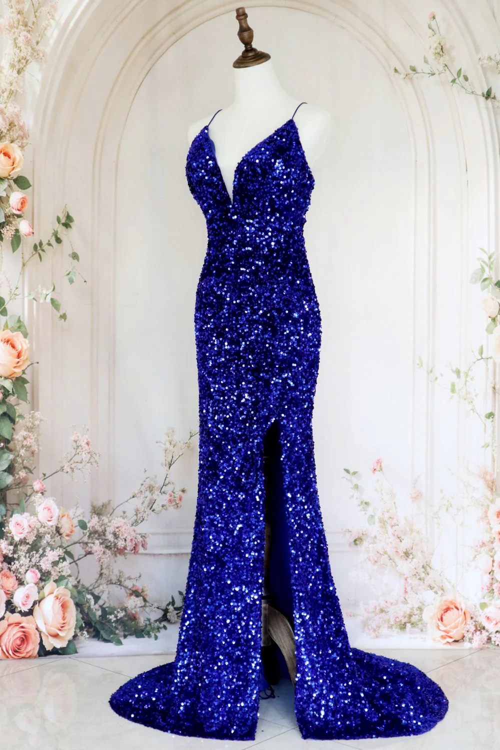 Royal Blue Mermaid Spaghetti Straps Long Sequin Prom Dress with Slit - Image 3