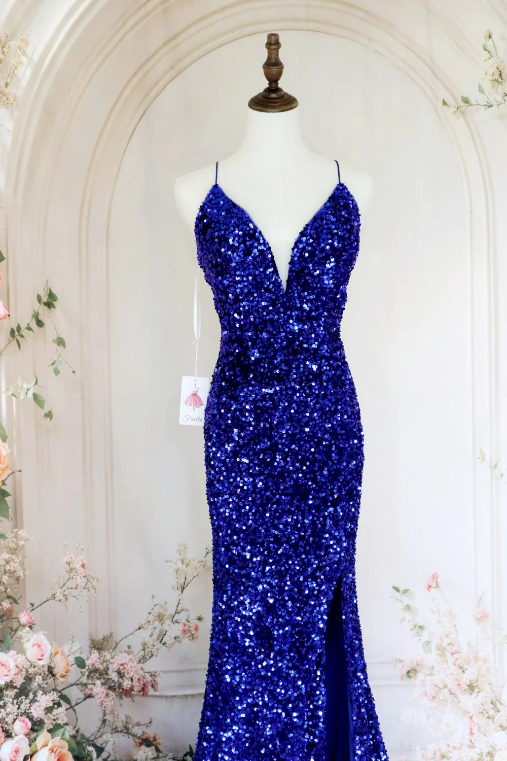 Royal Blue Mermaid Spaghetti Straps Long Sequin Prom Dress with Slit - Image 4