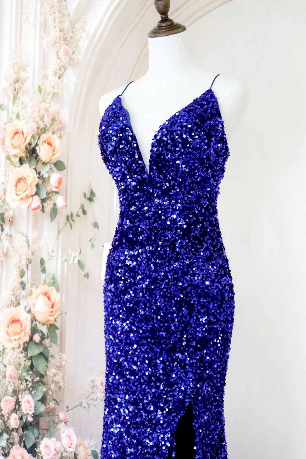 Royal Blue Mermaid Spaghetti Straps Long Sequin Prom Dress with Slit - Image 5