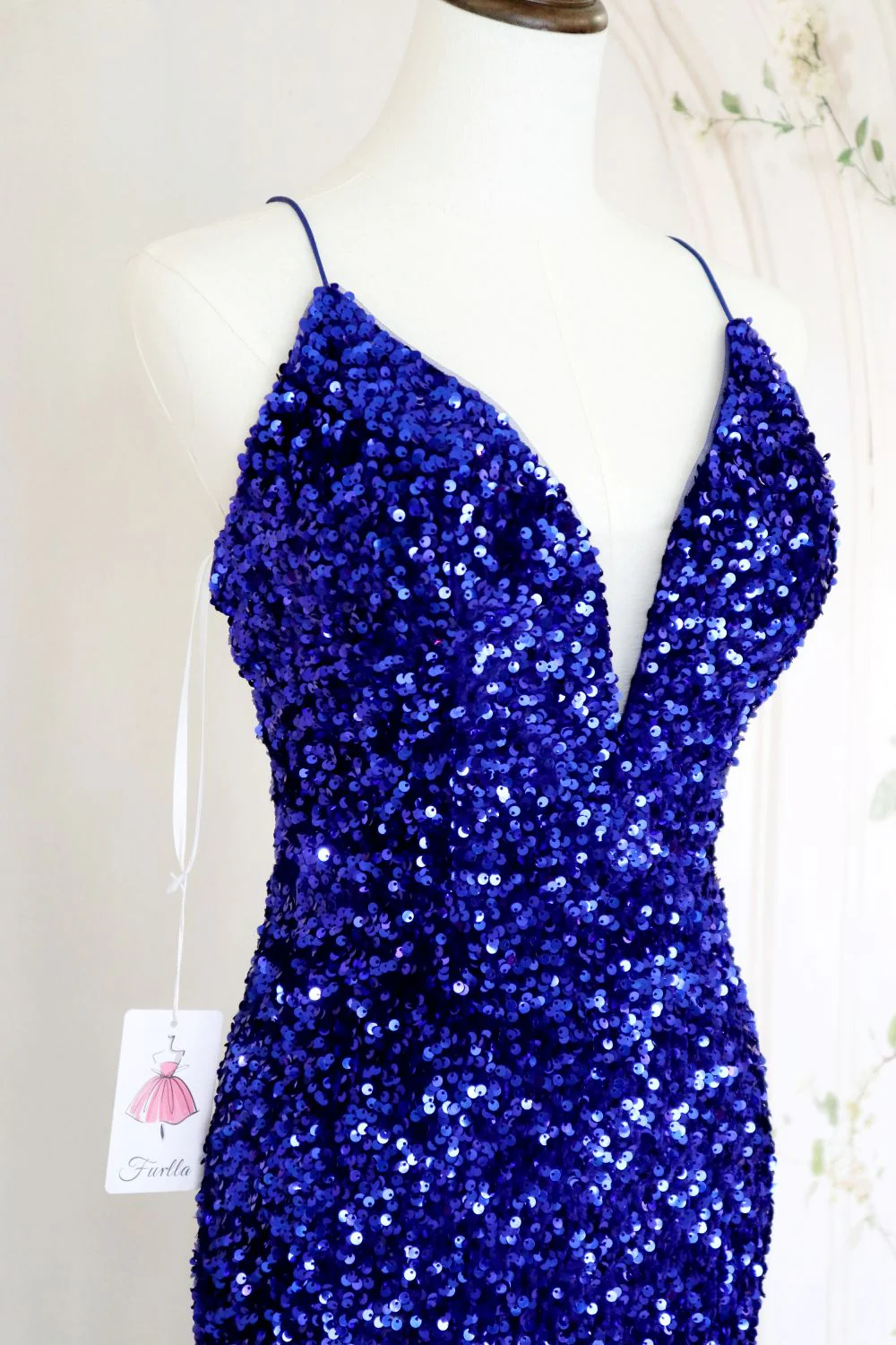 Royal Blue Mermaid Spaghetti Straps Long Sequin Prom Dress with Slit - Image 8