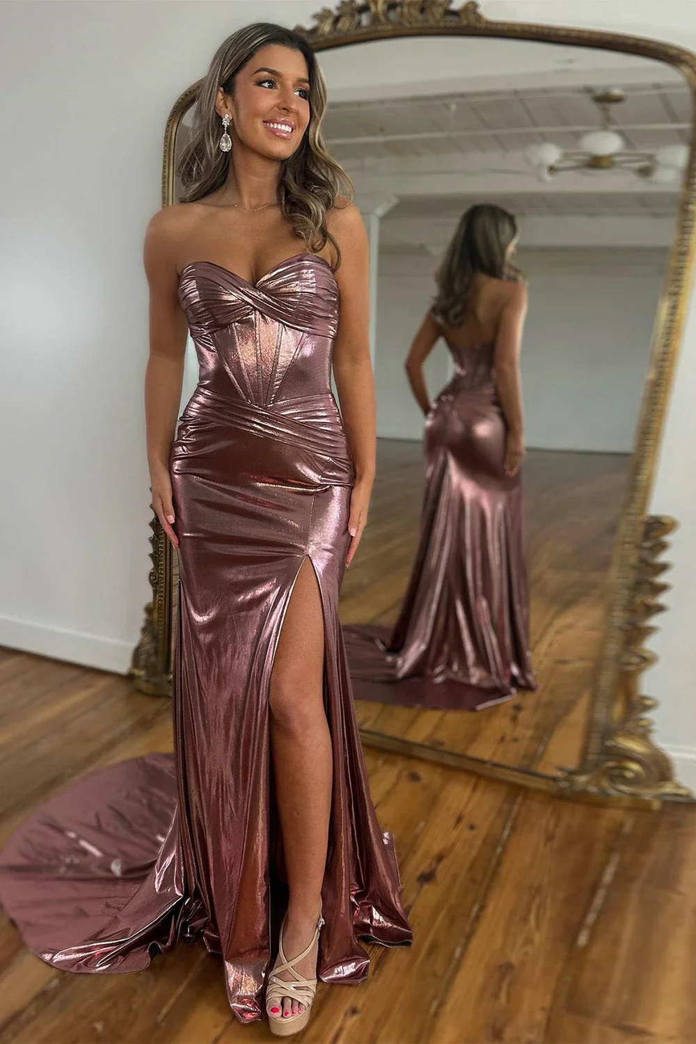 Royal Blue Metallic Sweetheart Corset Prom Dress with Ruched Waist and Thigh Slit - Image 3