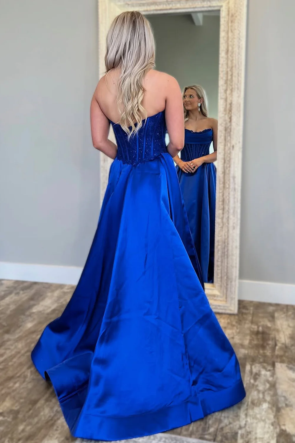 Royal Blue Satin Gown with Strapless Glitter Bodice A-Line Silhouette Prom Dress - Image 2