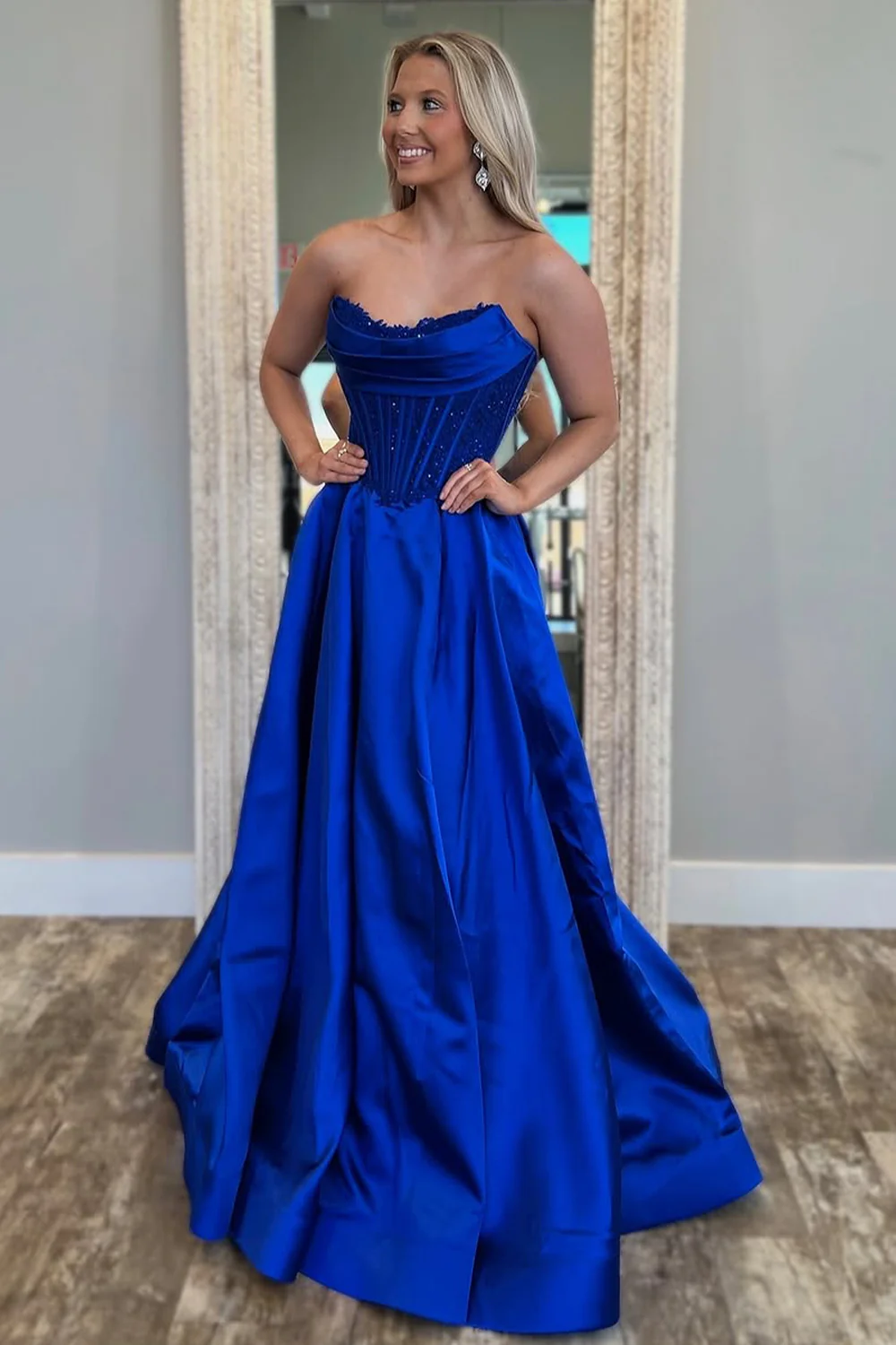 Royal Blue Satin Gown with Strapless Glitter Bodice A-Line Silhouette Prom Dress - Image 3