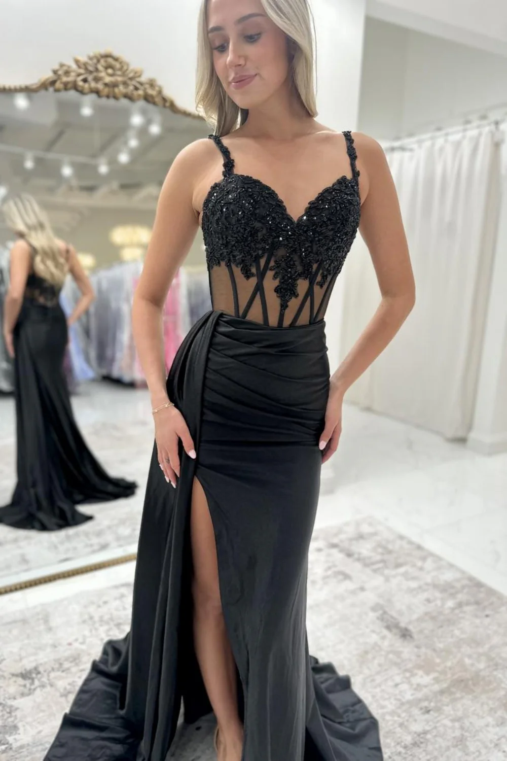 Royal Blue Spaghetti Straps Prom Dress with Lace Top and Slit - Image 3