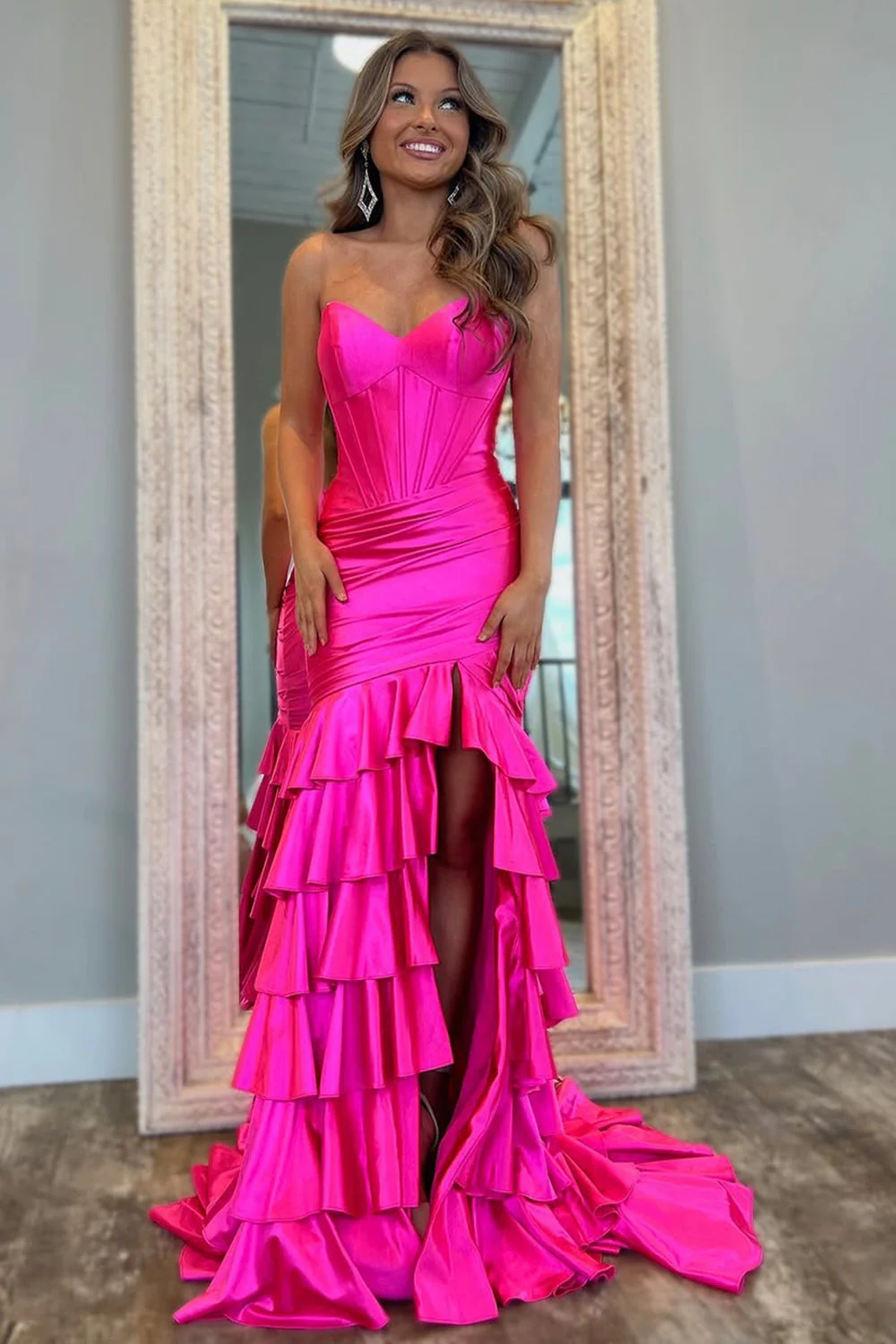 Royal Blue Strapless Satin Prom Dress with Long Ruffle Skirt and Side Slit - Image 4