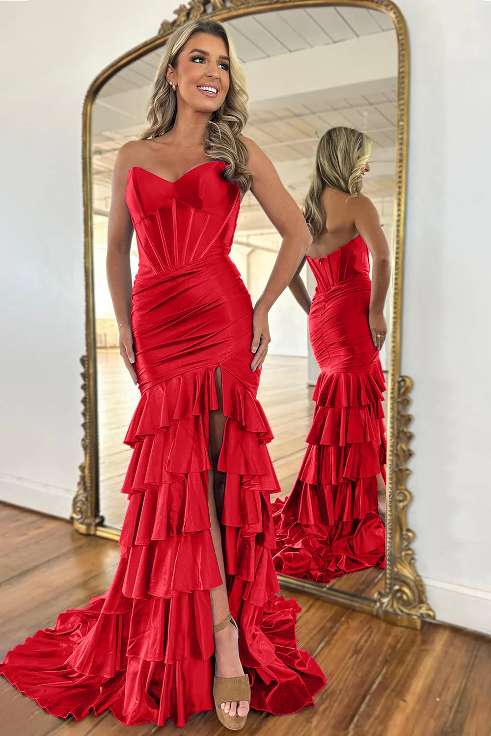 Royal Blue Strapless Satin Prom Dress with Long Ruffle Skirt and Side Slit - Image 6