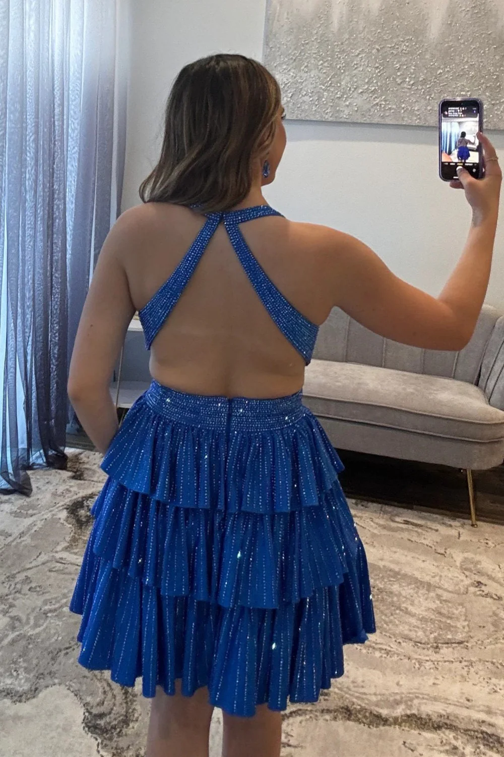 Sexy Deep V-Neck A-Line Cross Back Short Beaded Tiered Homecoming Dress - Image 14