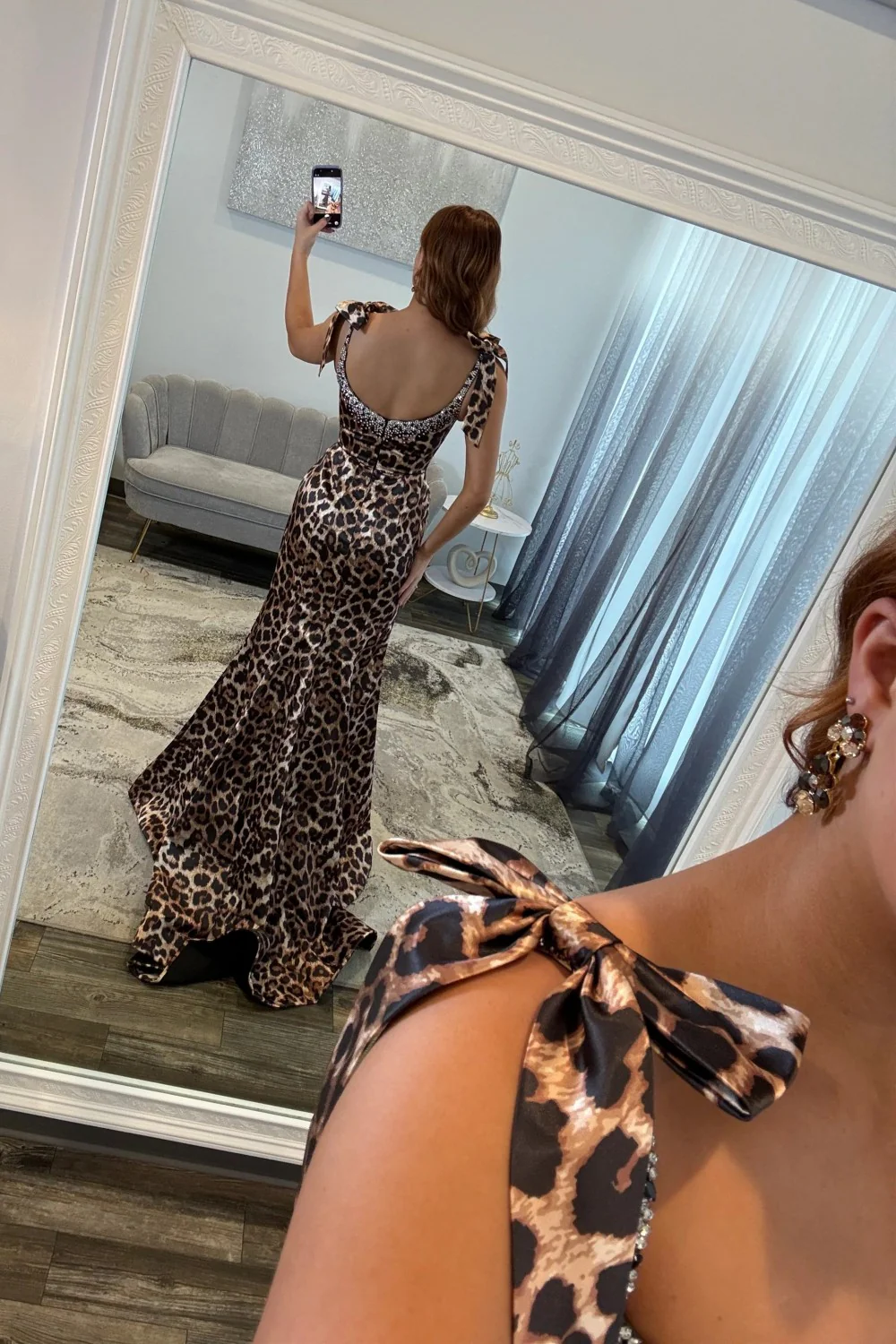 Sexy Leopard Print Beaded Long Prom Dress with Spaghetti Straps and Front Slit - Image 3