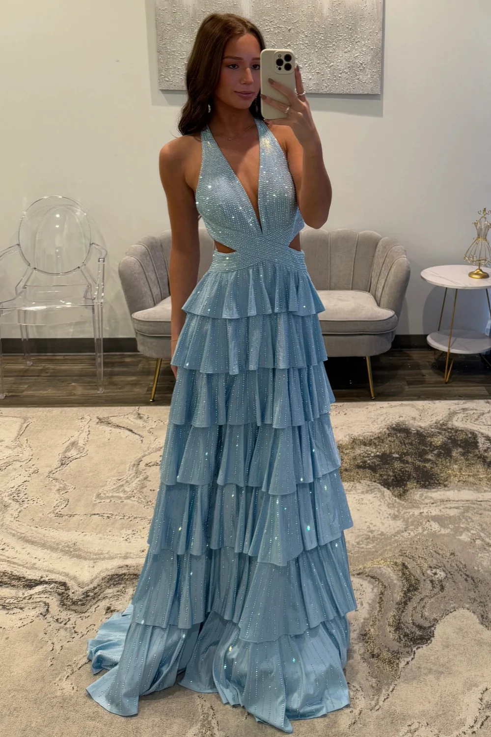 Sexy Sparkly Black A-Line V-Neck Layered Beaded Prom Dress with Leg Slit - Image 18