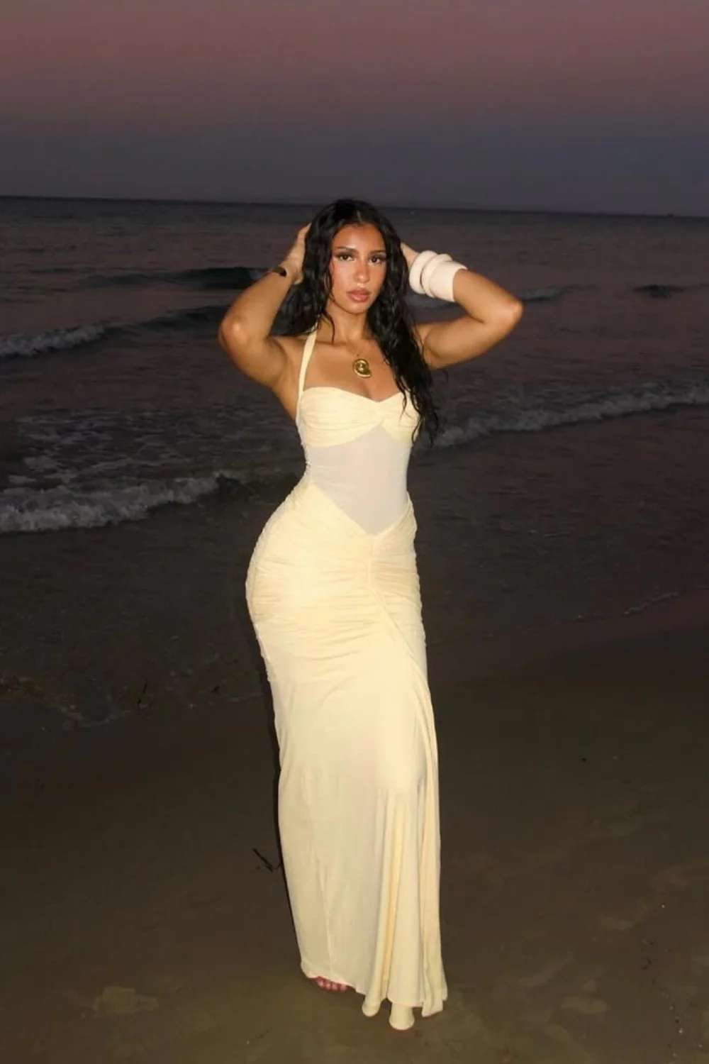 Sexy Yellow Halter Long Mermaid Prom Dress with Ruched Waist Detail - Image 2