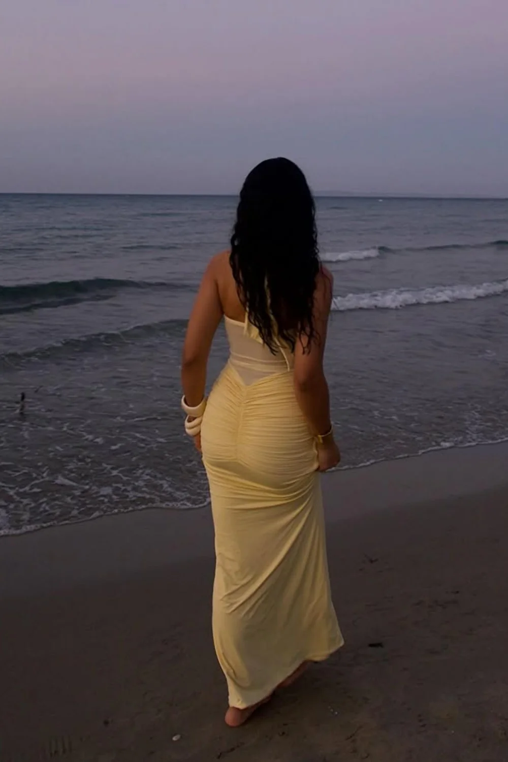 Sexy Yellow Halter Long Mermaid Prom Dress with Ruched Waist Detail - Image 3