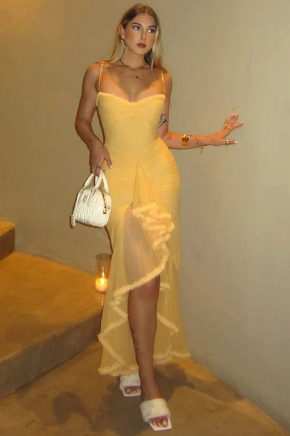 Sexy Yellow Spaghetti Straps Mermaid Prom Gown with Asymmetrical Ruffles - Image 3