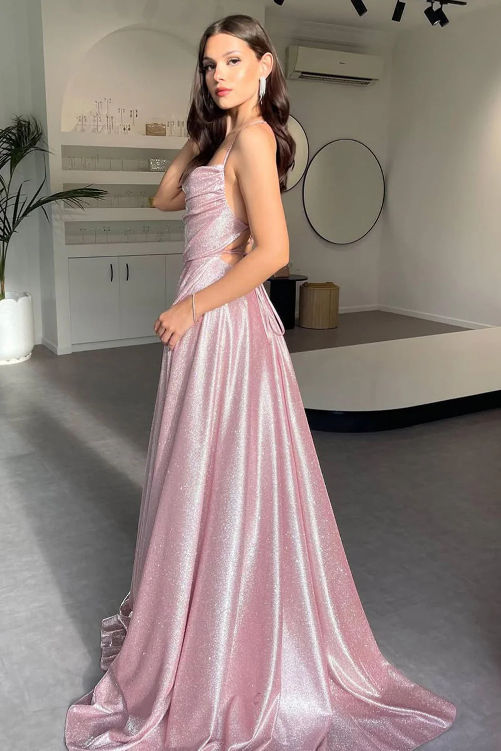 Shimmering Silver Cowl Neck A-Line Prom Dress with Spaghetti Straps and High Leg Slit - Image 6