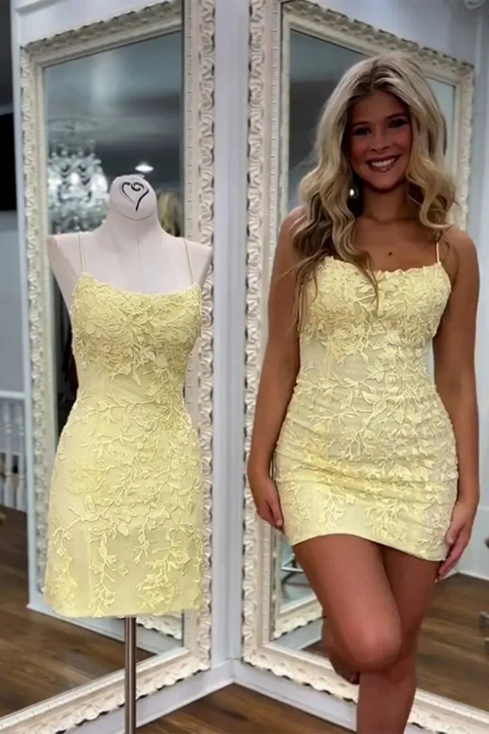 Short Yellow Bodycon Spaghetti Straps Homecoming Dress with Lace Detail - Image 4