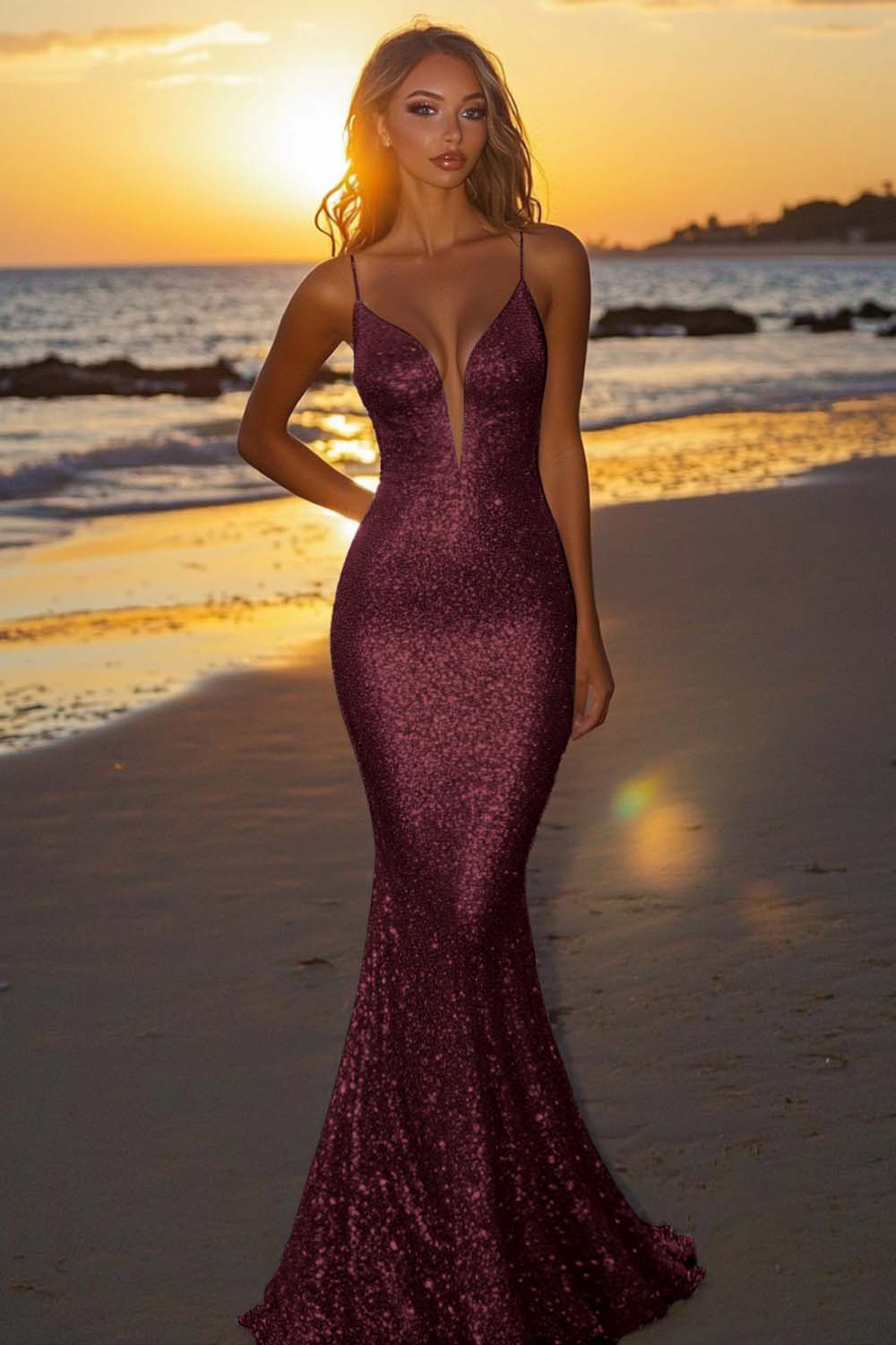 Silver Glitter Mermaid Backless Long Prom Dress with Deep V Neck - Image 10