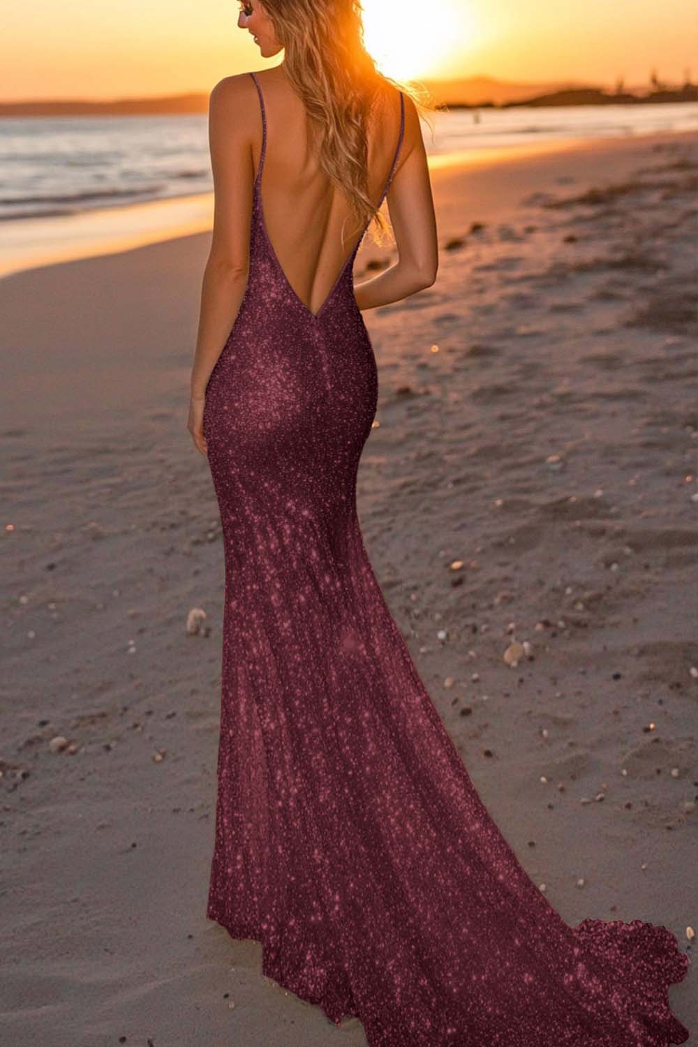 Silver Glitter Mermaid Backless Long Prom Dress with Deep V Neck - Image 11