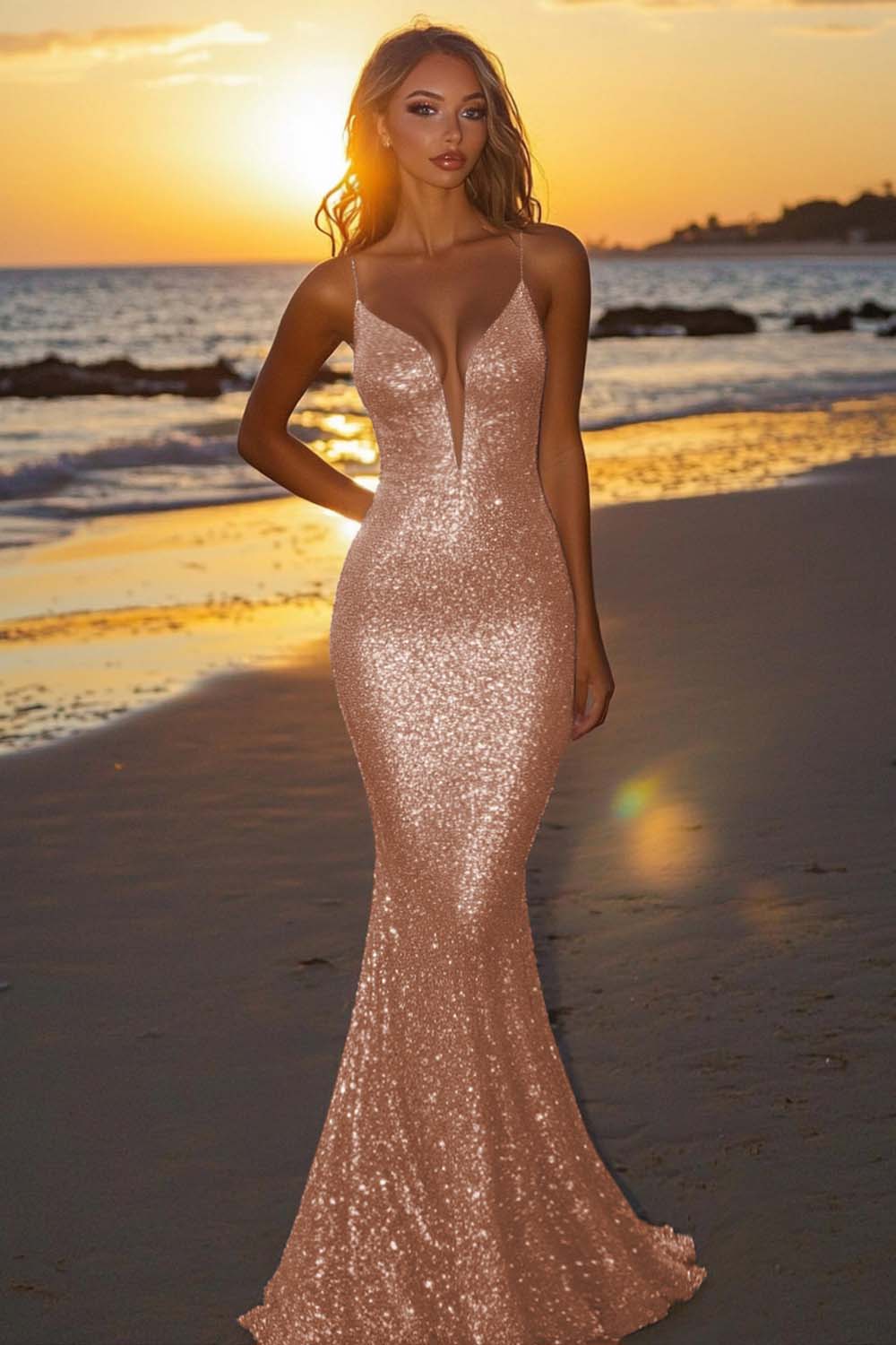 Silver Glitter Mermaid Backless Long Prom Dress with Deep V Neck - Image 12