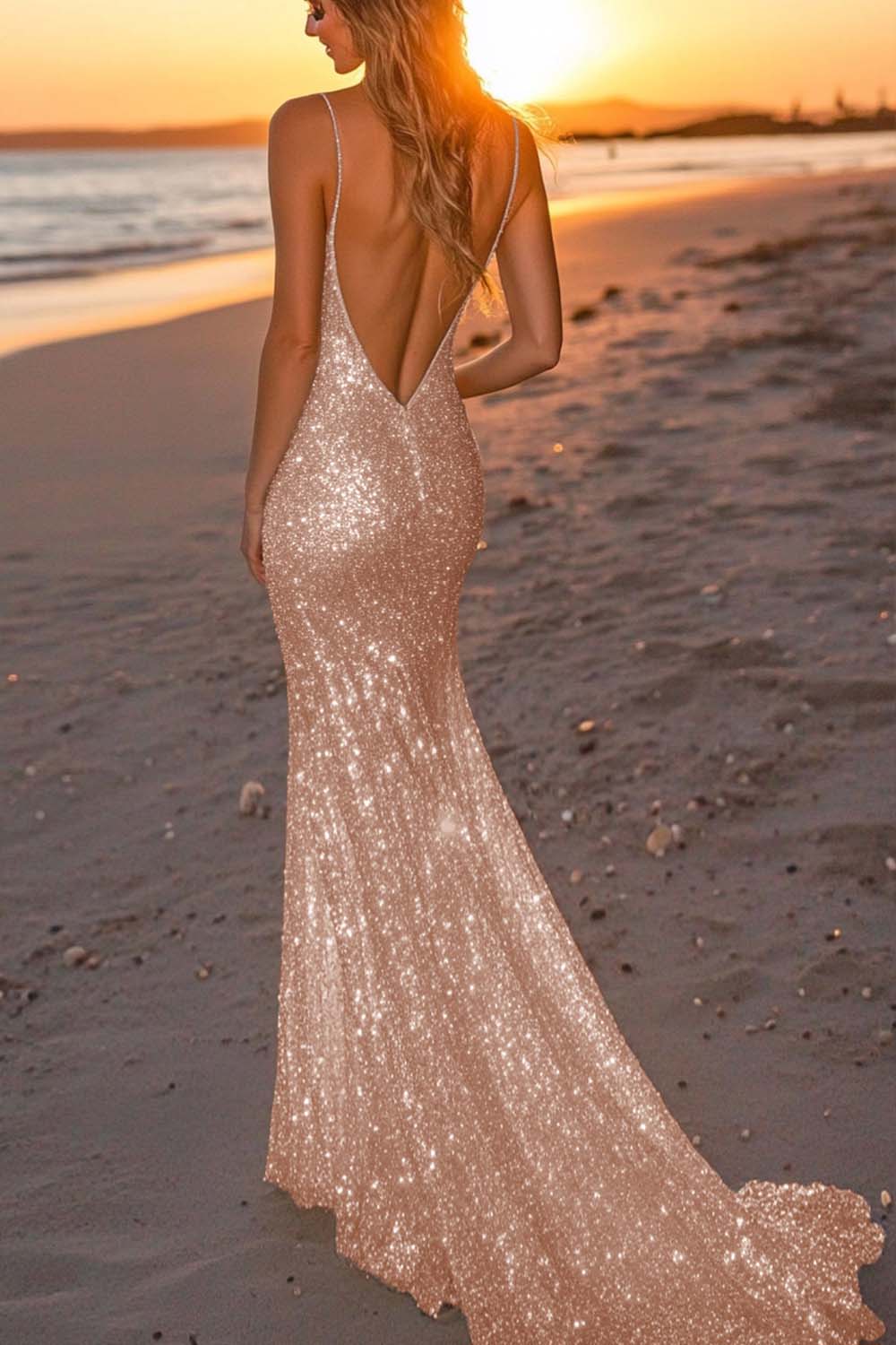 Silver Glitter Mermaid Backless Long Prom Dress with Deep V Neck - Image 13