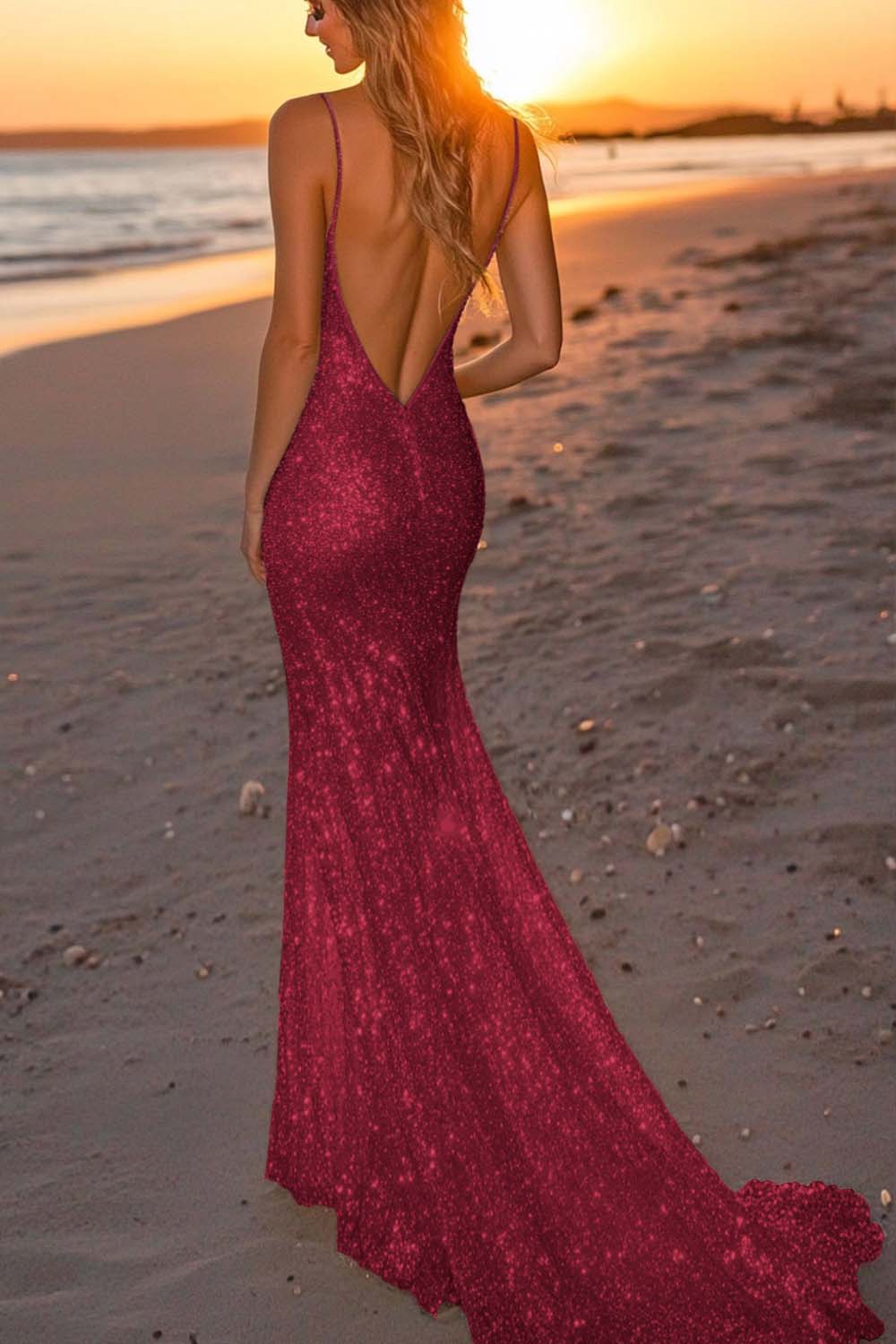 Silver Glitter Mermaid Backless Long Prom Dress with Deep V Neck - Image 9