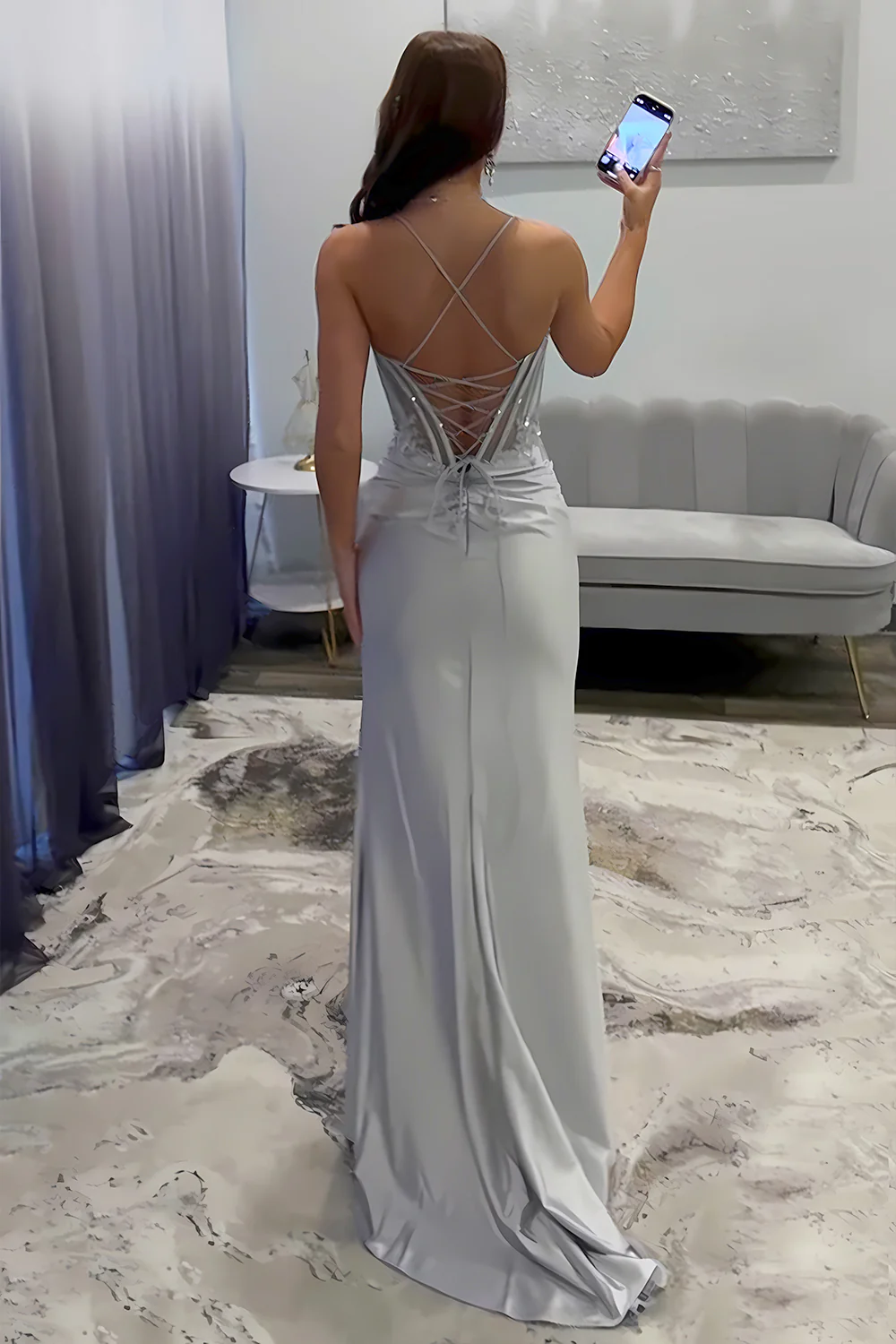 Silver Sequin-Embroidered Prom Dress with Crisscross Back & Slit Skirt - Image 2