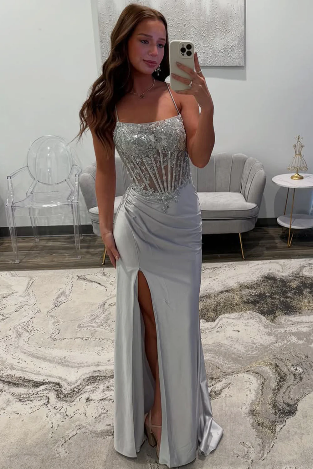 Silver Sequin-Embroidered Prom Dress with Crisscross Back & Slit Skirt - Image 4
