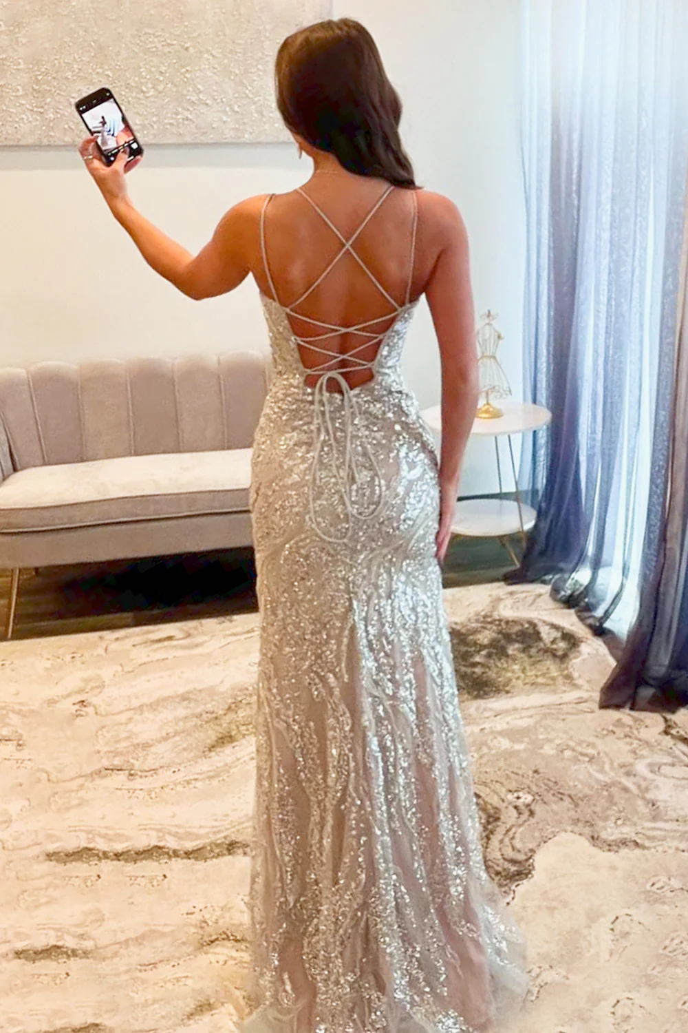 Silver Sequin Spaghetti Strap Mermaid Slit Prom Dress with Crisscross Lace-Up Back - Image 2
