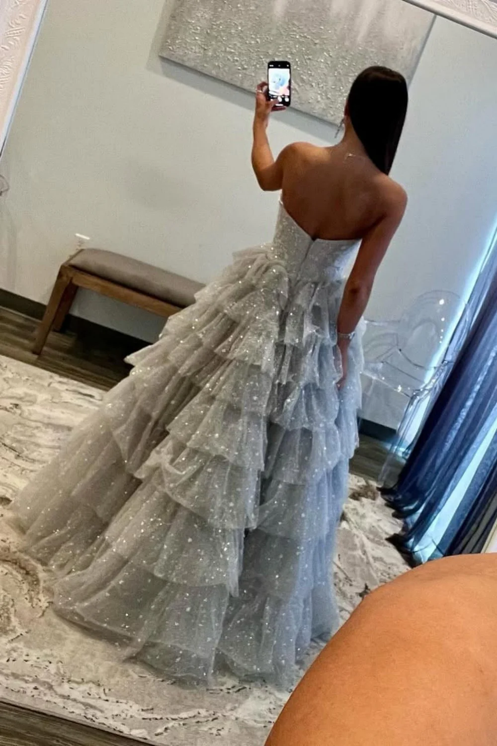Silver Sparkling A-Line Sweetheart Ruffle Layer Prom Ball Gown - Image 2