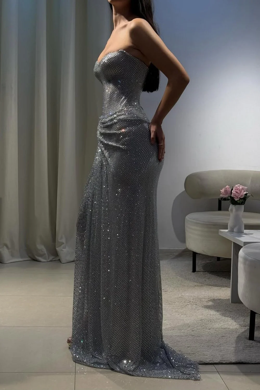 Silver Strapless Sequin Mermaid Prom Dress with High Slit and Draped Detail - Image 5