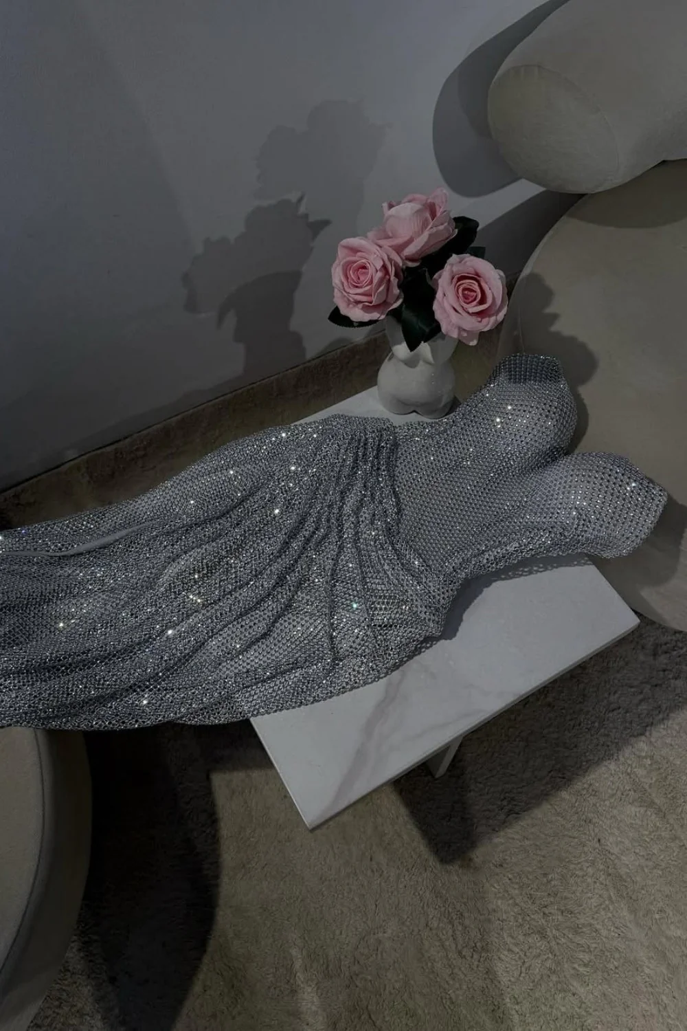 Silver Strapless Sequin Mermaid Prom Dress with High Slit and Draped Detail - Image 6