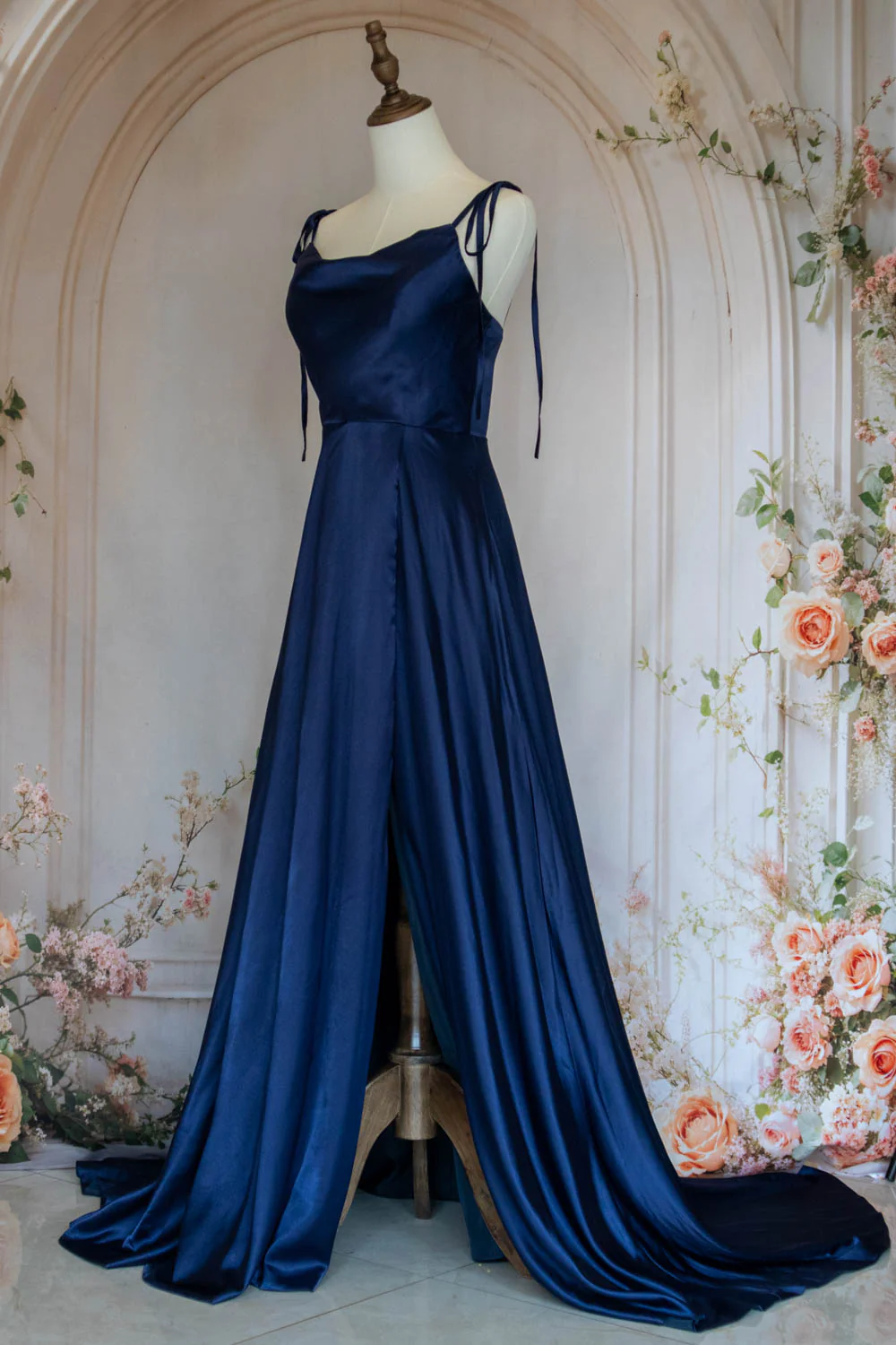 Simple A Line Spaghetti Straps Navy Blue Long Prom Dress with Split Front - Image 3