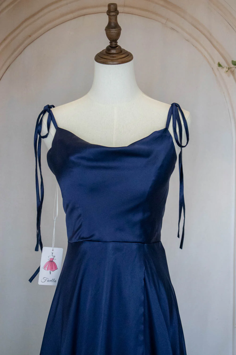 Simple A Line Spaghetti Straps Navy Blue Long Prom Dress with Split Front - Image 4