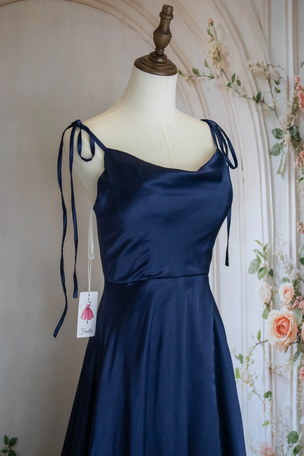 Simple A Line Spaghetti Straps Navy Blue Long Prom Dress with Split Front - Image 5