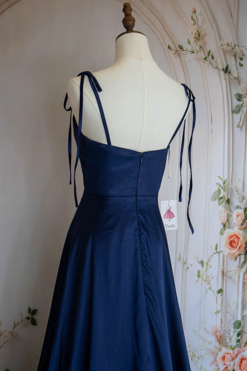 Simple A Line Spaghetti Straps Navy Blue Long Prom Dress with Split Front - Image 6