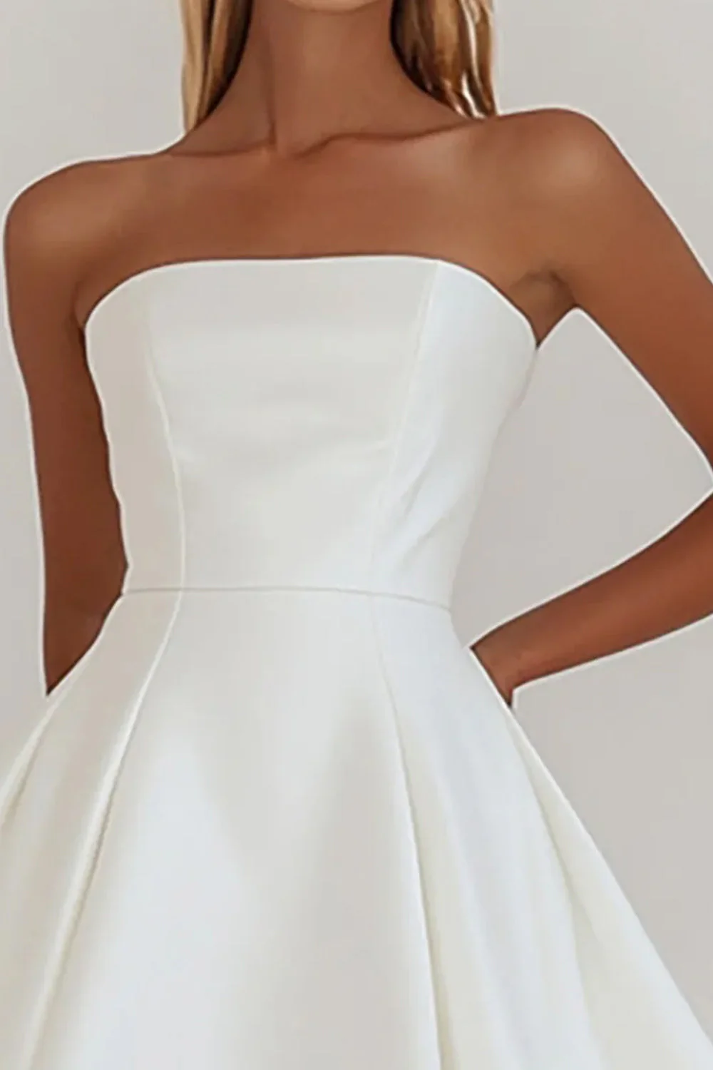 Simple A-Line Strapless Zipper Back Mini Satin White Graduation Dress - Image 3