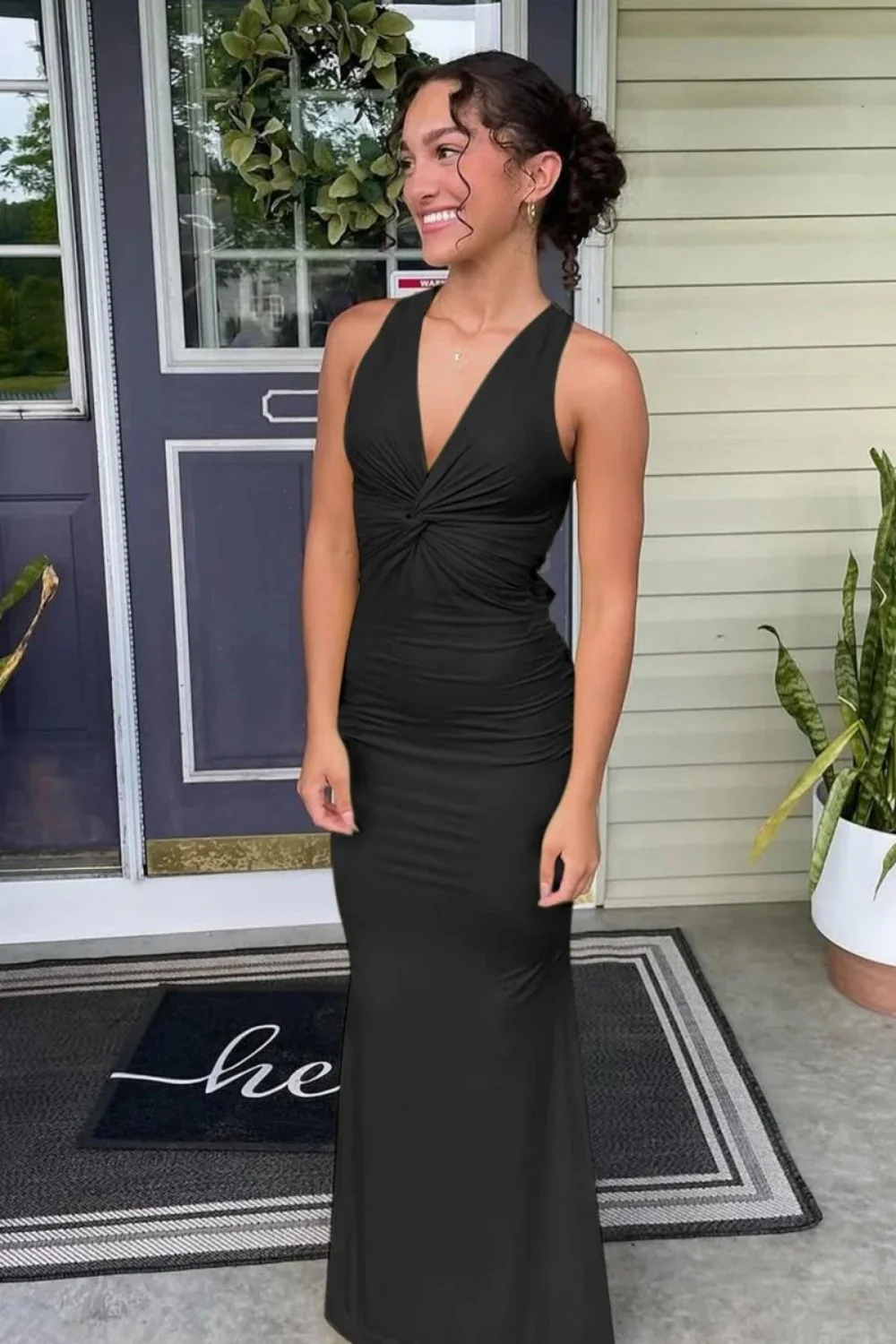 Simple Mermaid V Neck Yellow Long Prom Dress with Open Back - Image 10