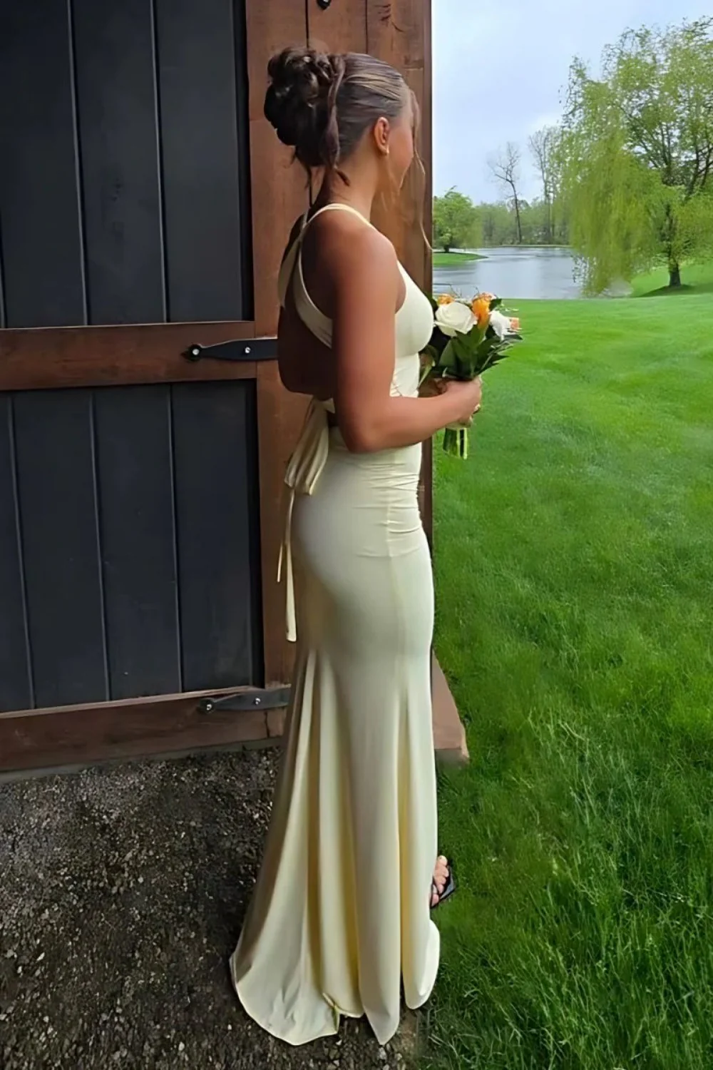 Simple Mermaid V Neck Yellow Long Prom Dress with Open Back - Image 4