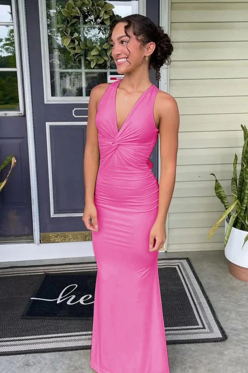 Simple Mermaid V Neck Yellow Long Prom Dress with Open Back - Image 8