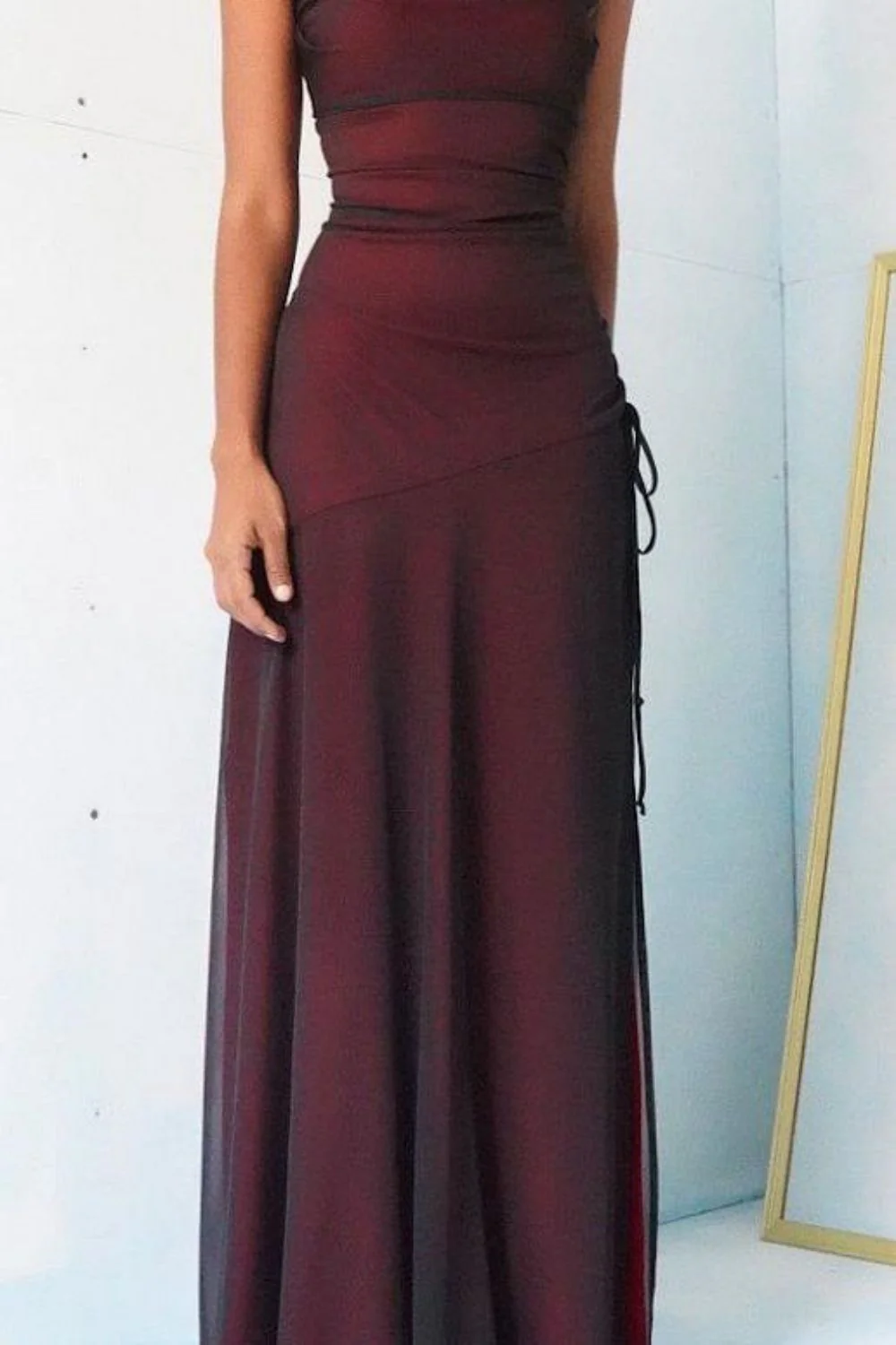 Simple Sheath Spaghetti Straps Burgundy Long Prom Dress with Split Front - Image 3