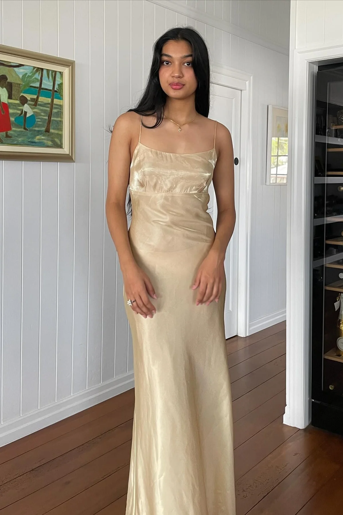 Simple Sheath Spaghetti Straps Champagne Long Party Dress with Backless - Image 3