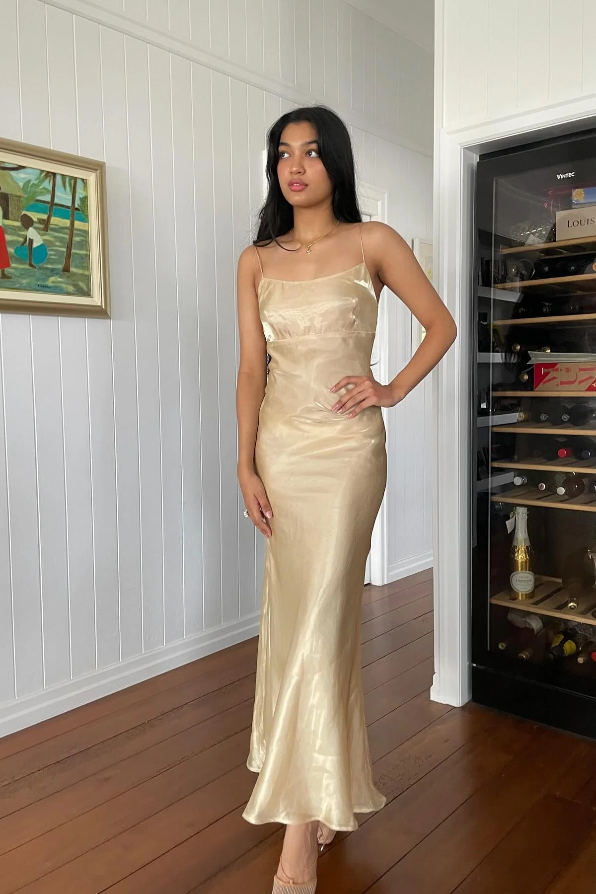 Simple Sheath Spaghetti Straps Champagne Long Party Dress with Backless - Image 4