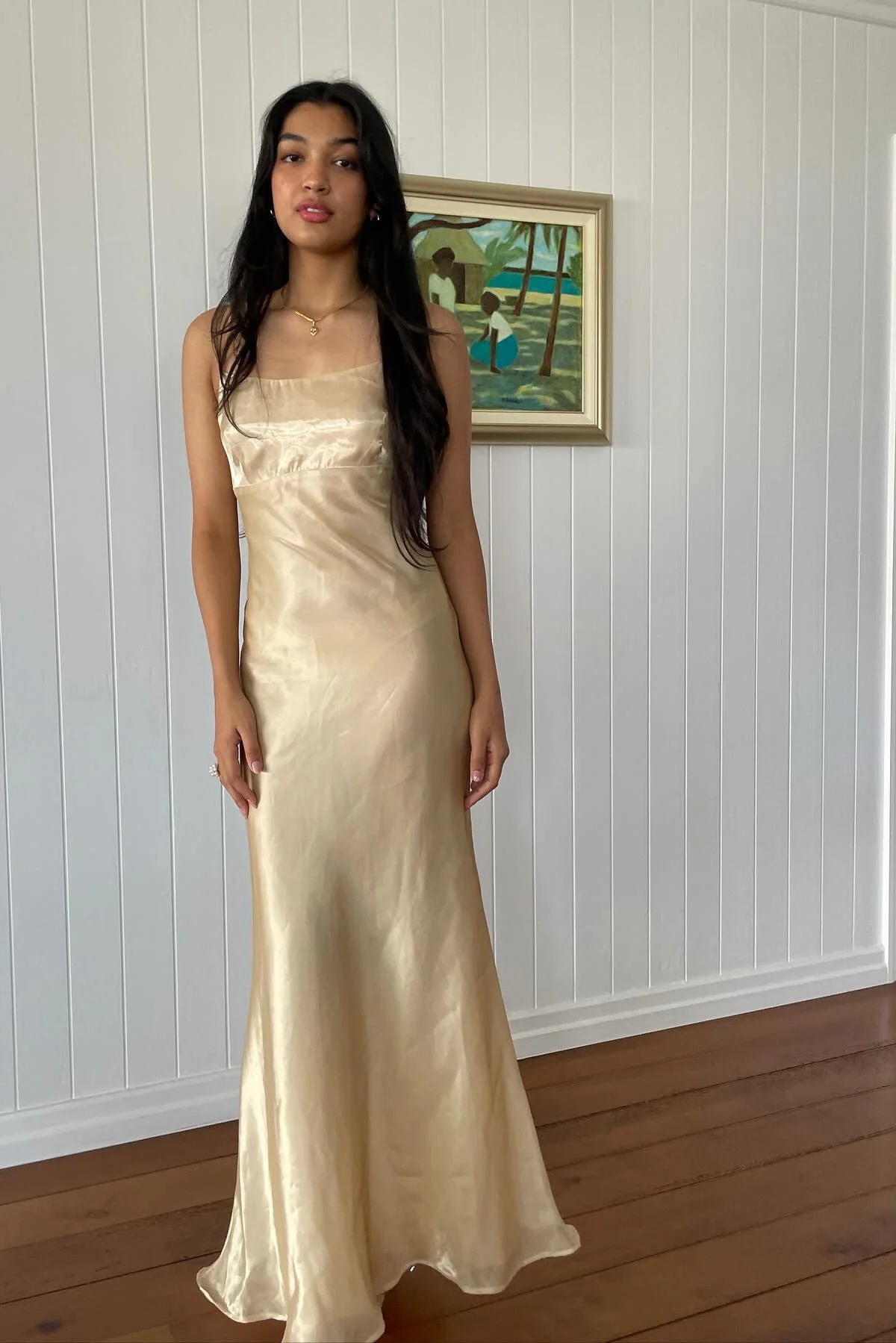 Simple Sheath Spaghetti Straps Champagne Long Party Dress with Backless - Image 5