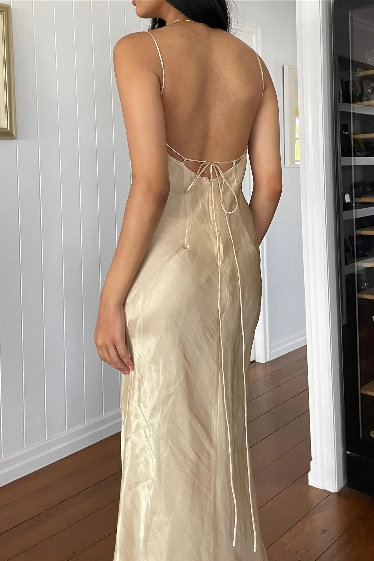 Simple Sheath Spaghetti Straps Champagne Long Party Dress with Backless - Image 6