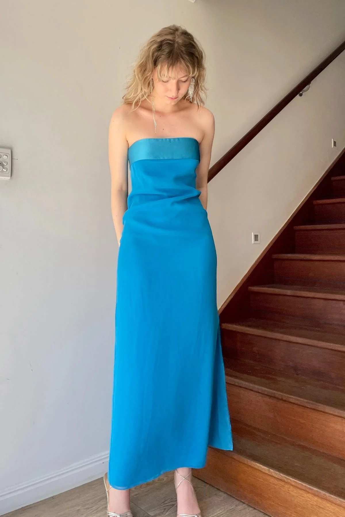 Simple Sheath Strapless Blue Tea Length Party Dress - Image 3