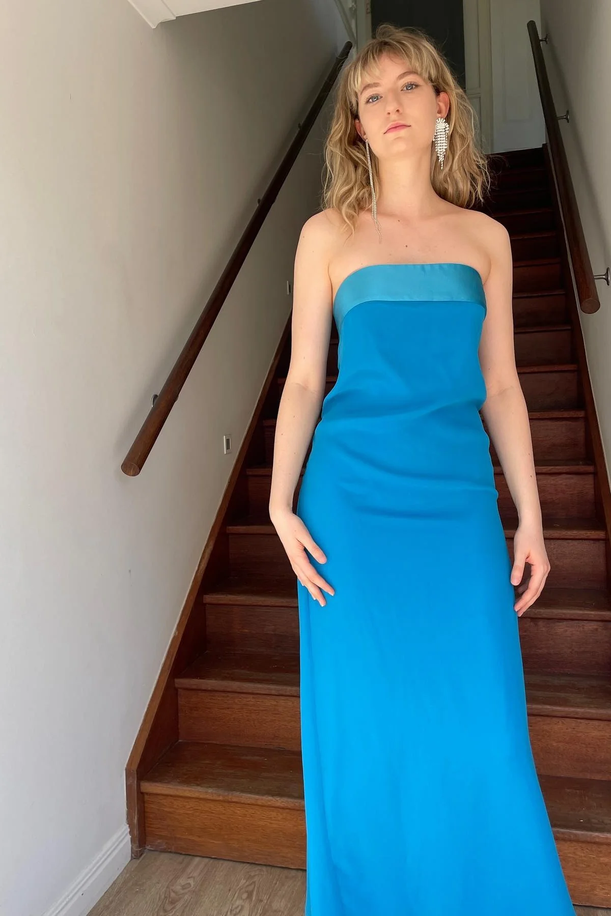Simple Sheath Strapless Blue Tea Length Party Dress - Image 4