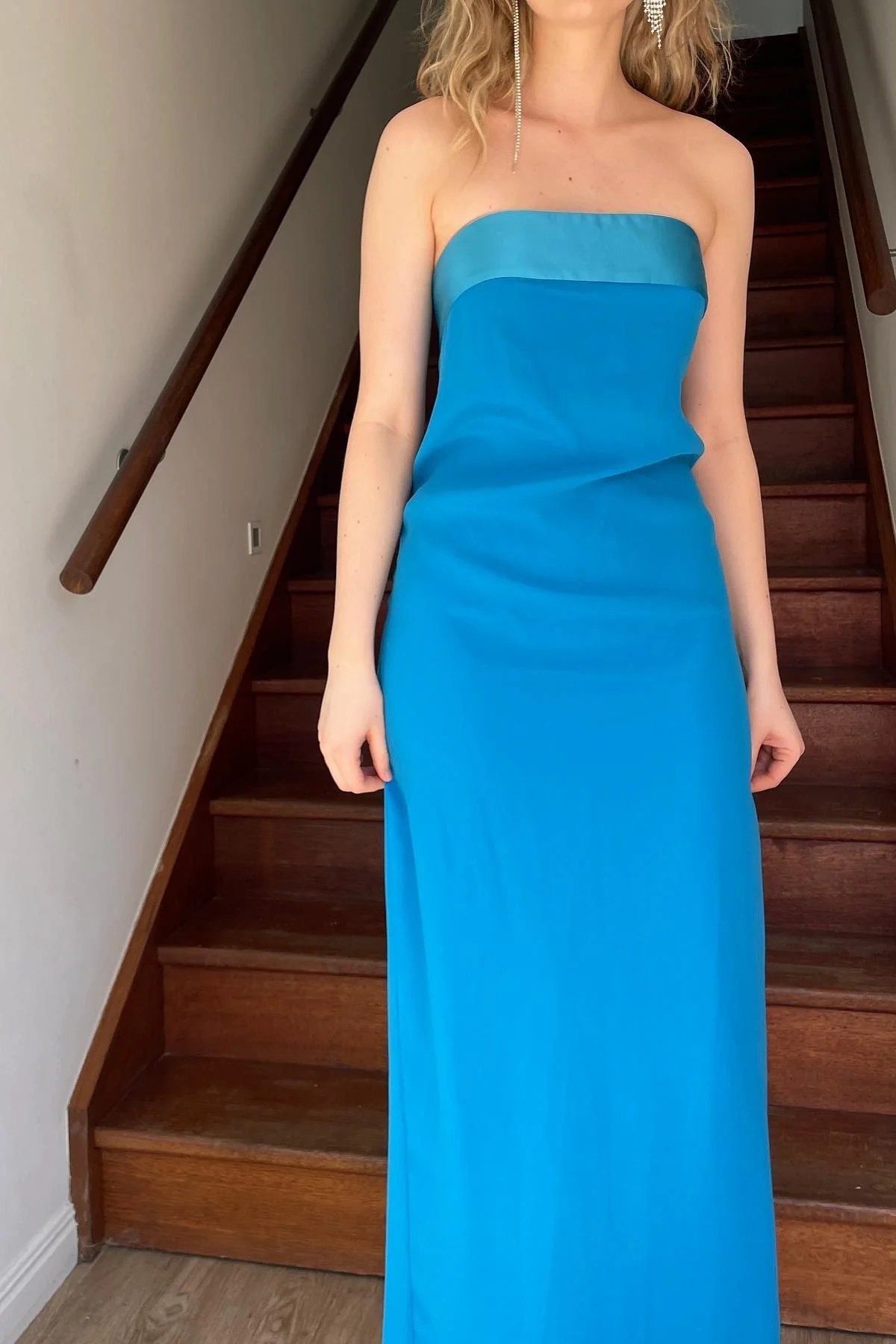 Simple Sheath Strapless Blue Tea Length Party Dress - Image 5
