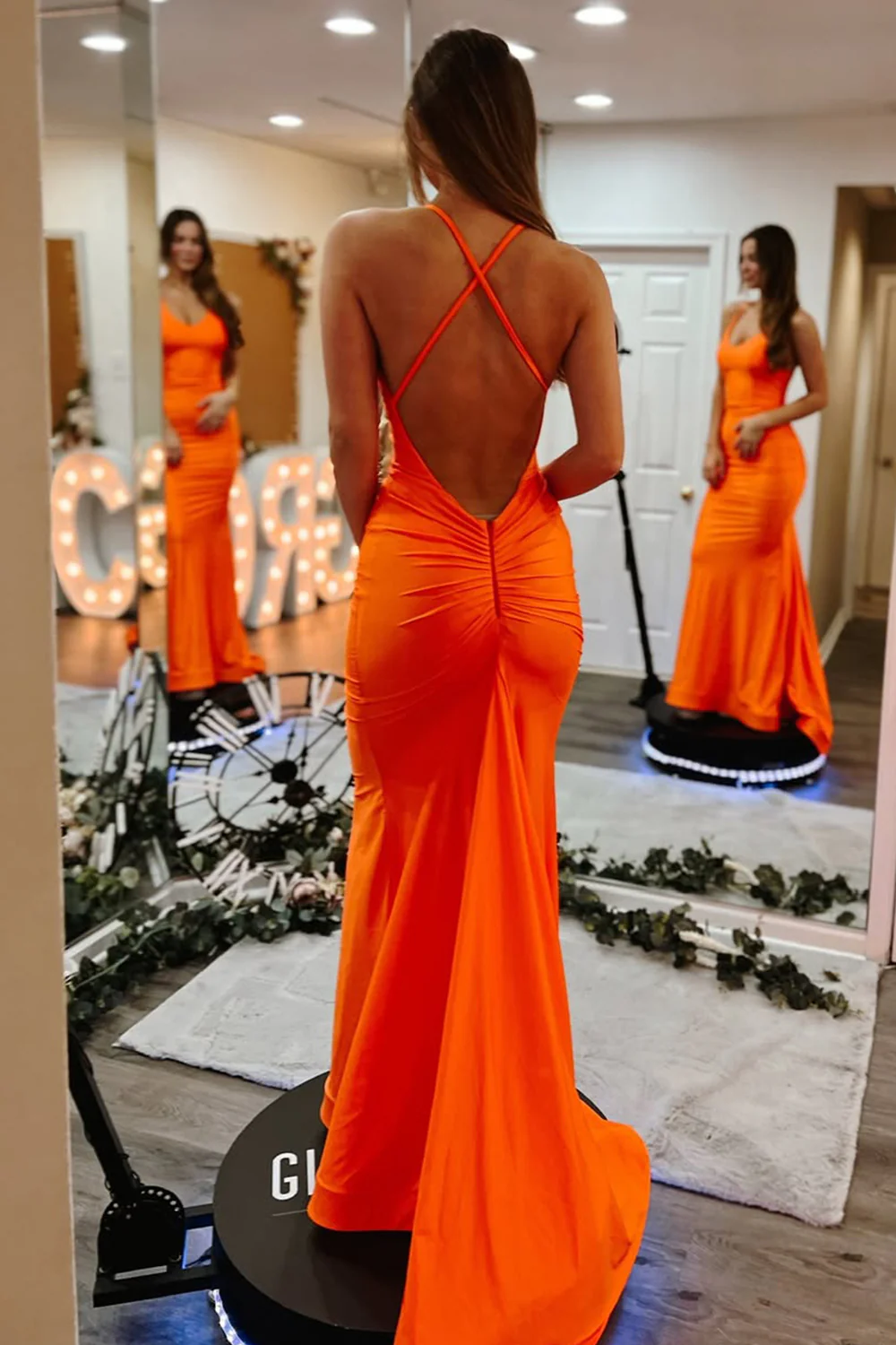 Sleek Orange Mermaid Gown with Criss Cross Back and Smooth Satin Finish Prom Dress - Image 2