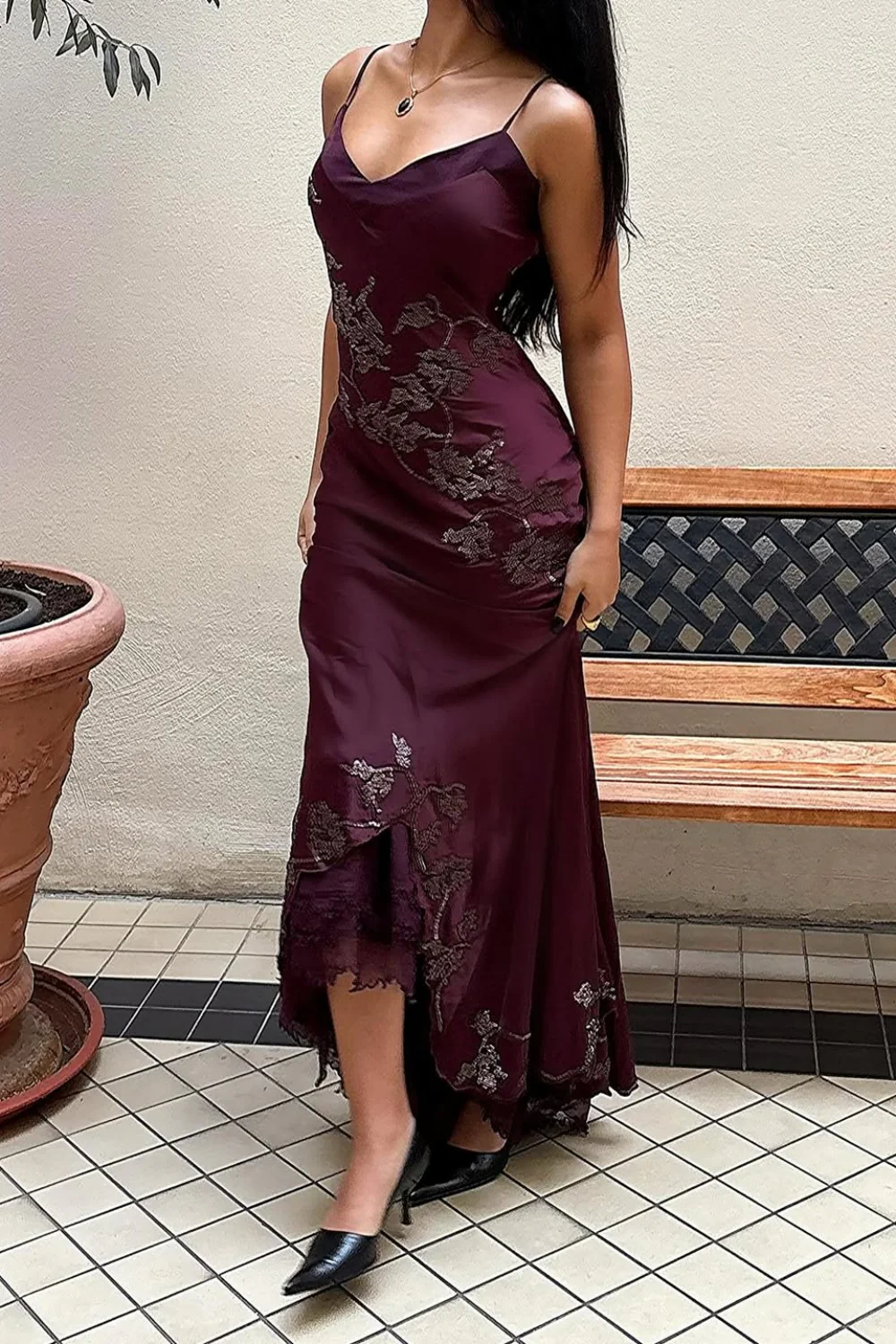 Sophisticated Burgundy Satin Prom Dress with Spaghetti Straps and Lace Detail