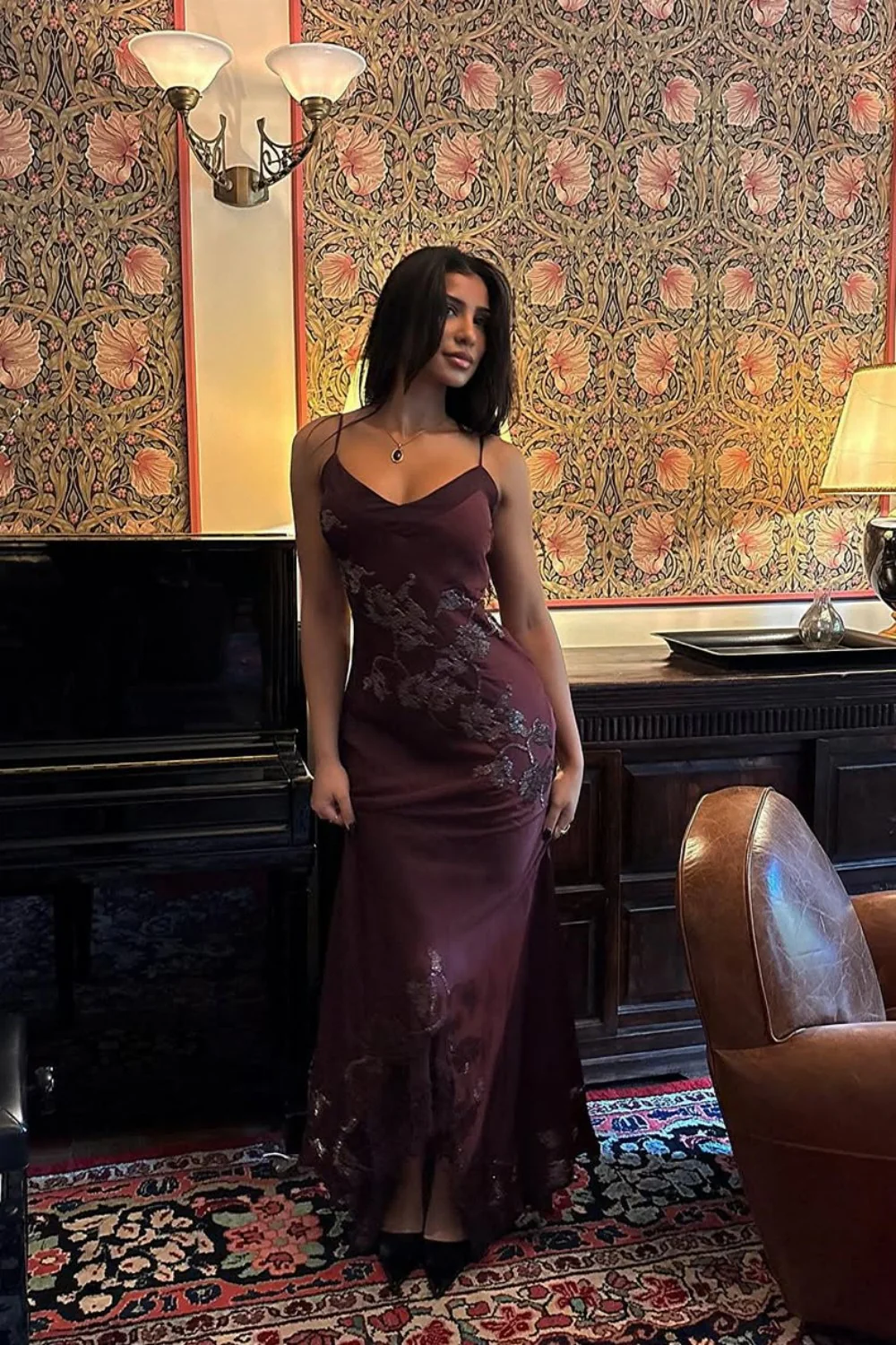 Sophisticated Burgundy Satin Prom Dress with Spaghetti Straps and Lace Detail - Image 2