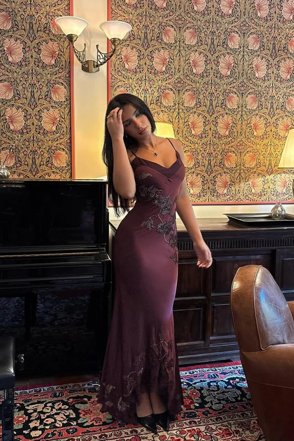 Sophisticated Burgundy Satin Prom Dress with Spaghetti Straps and Lace Detail - Image 6